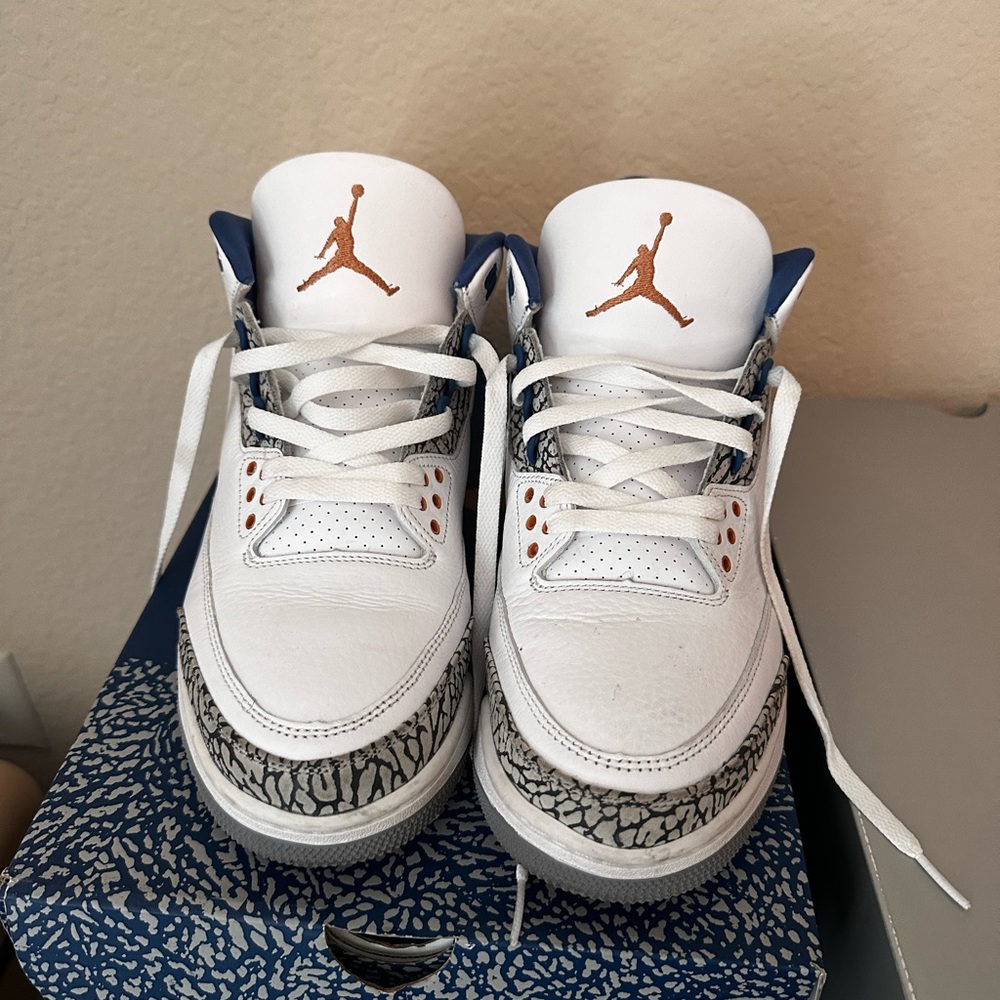 Jordan White and Blue Sneakers with Orange Accents